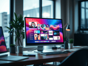 UI/UX design for financial freedom website on modern computer screen with vibrant interface and digital assets, showcasing online branding strategies.
