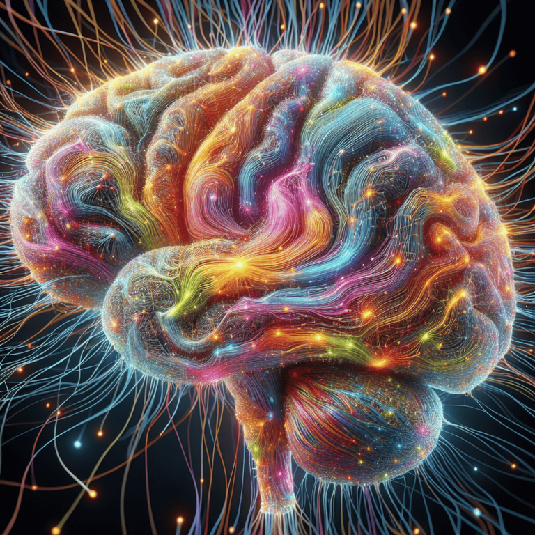 Vibrant and intricate neural pathways in a human brain, representing psychology and finance through contrasting textures and colorful threads.