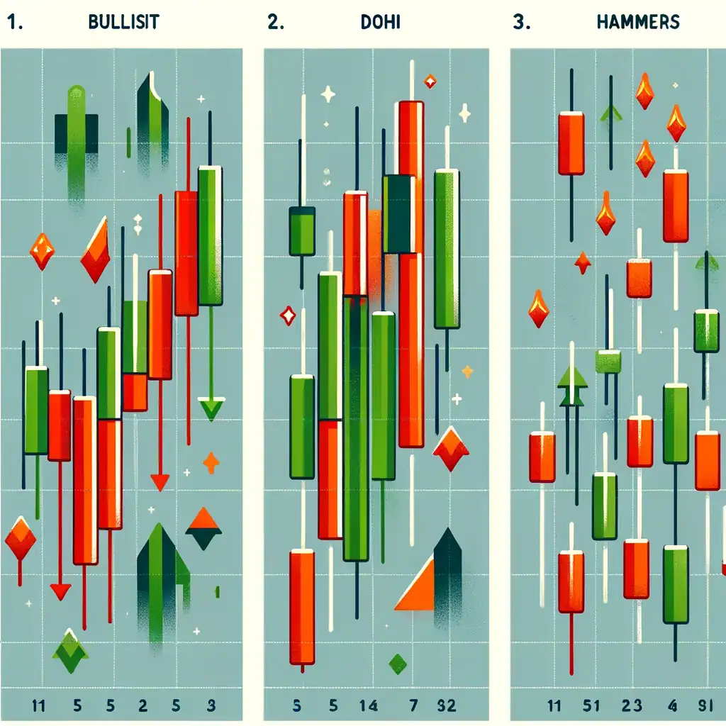 Diagram 1: Bullish Engulfing Pattern at a key support level.  Diagram 2: Doji at the top of an uptrend, signaling a possible reversal.  Diagram 3: Series of Hammers indicating a potential bottom in market price.