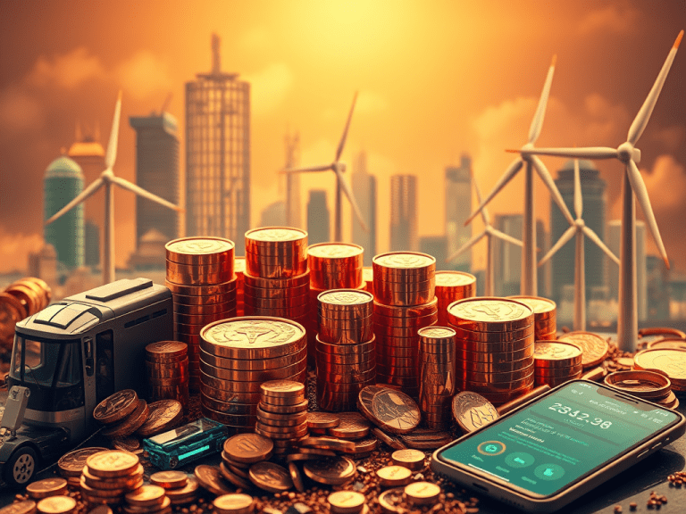 Stacks of coins and a smartphone displaying financial data, with wind turbines and a city skyline in the background, symbolizing sustainable financial growth and achieving financial freedom through innovative strategies.