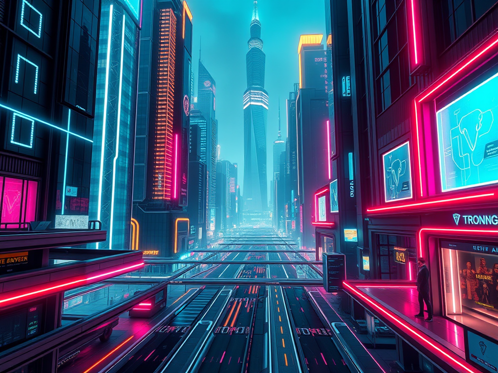 Futuristic cityscape with neon lights, emphasizing financial growth and prosperity in a technological environment for financial freedom.
