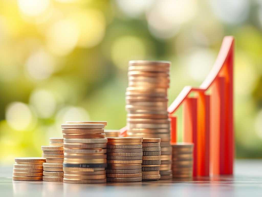 Stacks of coins increasing in height with a red upward-trending graph, symbolizing financial growth and wealth building.
