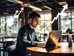 1. Young man working on a laptop with financial growth charts overlay, representing financial freedom and investment success.