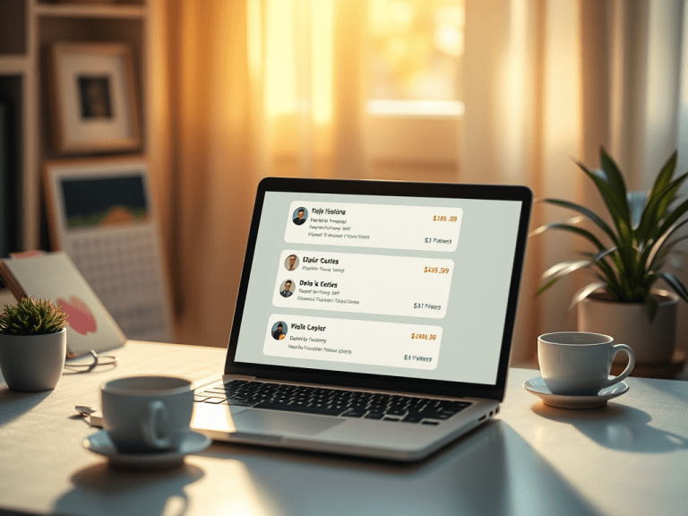 Financial management software on a laptop screen promoting financial freedom with Sakkemoto.