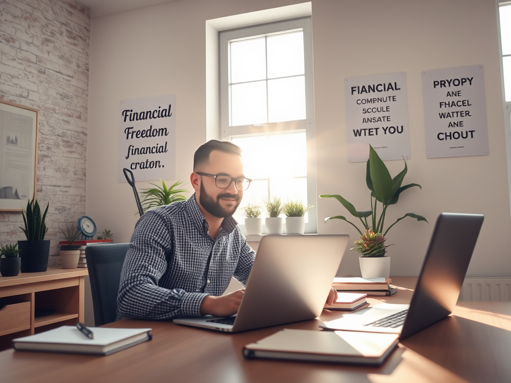 A young man working on a laptop in a modern office with motivational financial freedom posters on the wall, promoting financial independence and success with Sakkemoto.
