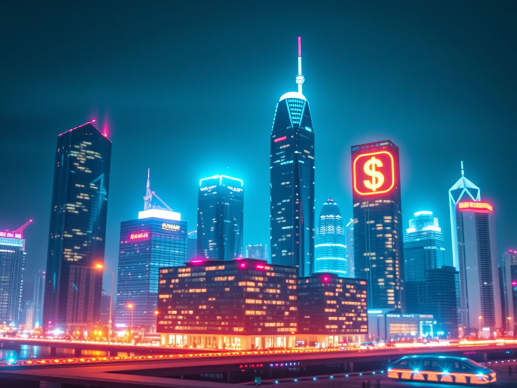 Skyline of a modern city at night illuminated with neon lights symbolizing financial growth and success.