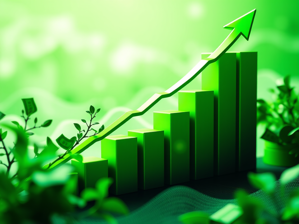 Investing growth chart with upward arrow and money plants to symbolize financial growth and wealth building for financial freedom with Sakkemoto.