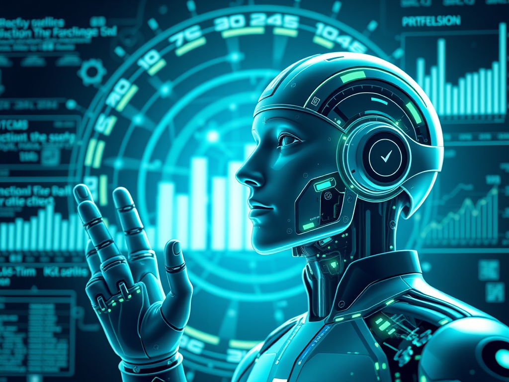 AI-generated robotic female with holographic financial data for promoting financial freedom and wealth management.