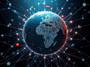Global digital network connecting countries for financial freedom, innovation, and global investment opportunities. A futuristic globe with interconnected flags representing worldwide financial growth.