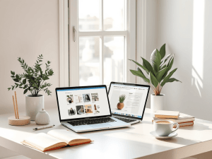 Modern workspace with laptops and greenery promoting financial freedom with Sakkemoto, inspiring success and growth.