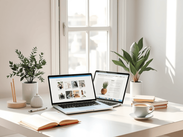 Modern workspace with laptops and greenery promoting financial freedom with Sakkemoto, inspiring success and growth.