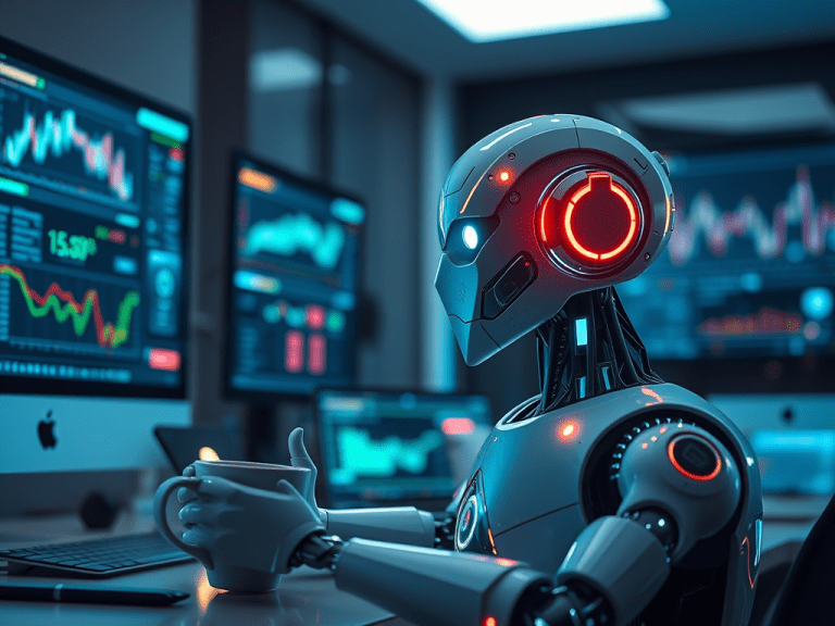 AI robot analyzing financial data on multiple screens for achieving financial freedom with Sakkemoto.