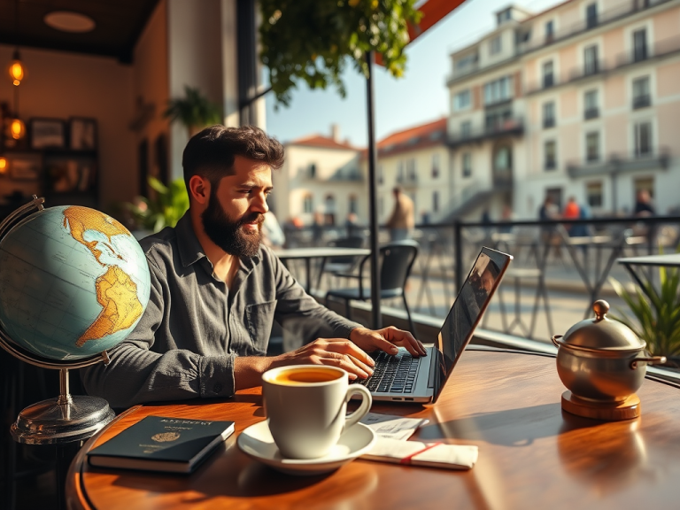 Globe and laptop representing financial freedom and global opportunities, with a coffee cup and travel elements, emphasizing working remotely toward financial independence with Sakkemoto.