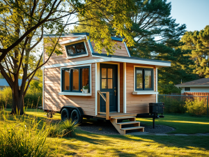 Unique tiny home on wheels with modern interior, perfect for affordable living and financial freedom.
