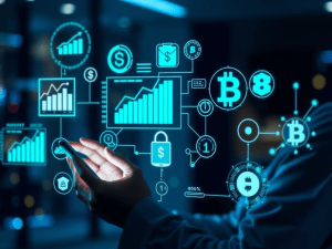 Cryptocurrency investment and financial growth symbols on digital interface for achieving financial freedom with Sakkemoto.