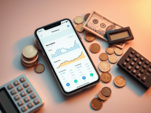 Investment and financial planning app on smartphone displaying graphs and statistics with coins, cash, and calculators around for achieving financial freedom with Sakkemoto.