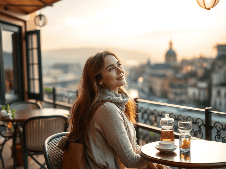 Financial freedom with sakkemoto, smiling woman enjoying sunset coffee on balcony, luxurious lifestyle, financial independence, personal growth, wealth management, happiness and success, urban skyline, relaxing moment, investment tips, financial freedom concepts.