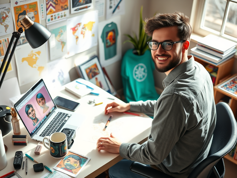 Laptop screen displaying digital art portraits of diverse individuals, surrounded by creative supplies, in a bright home office setting emphasizing personal growth and entrepreneurial spirit.
