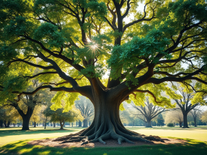 Luxurious tree with sprawling roots in a lush park symbolizing financial growth and stability for financial freedom with Sakkemoto.