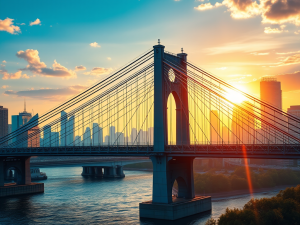 1. Bridge at sunset over river with city skyline, symbolizing financial freedom, success, and connecting dreams with reality in New York.