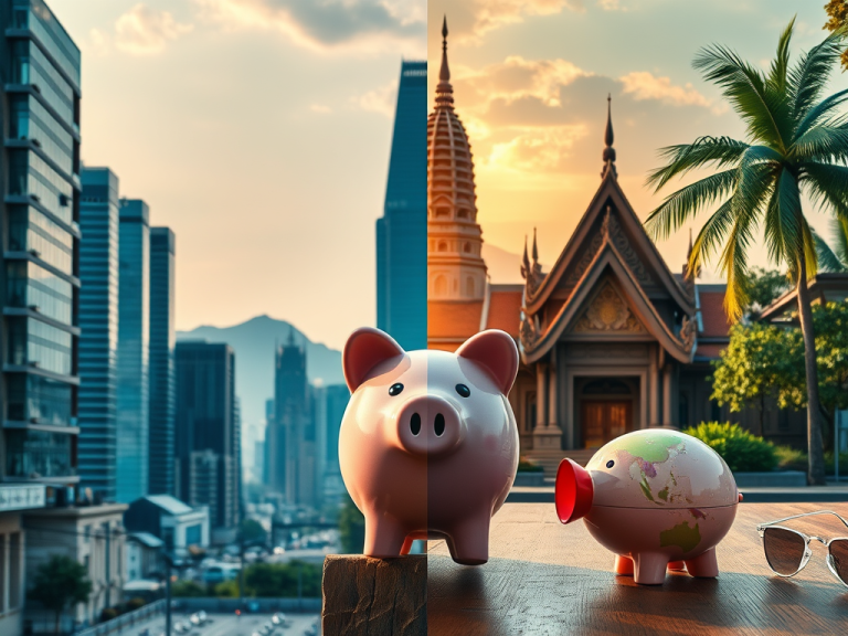 Saving money for financial freedom with Sakkemoto, symbolized by piggy banks and cityscape background. Focus on wealth building, investments, and achieving financial independence.