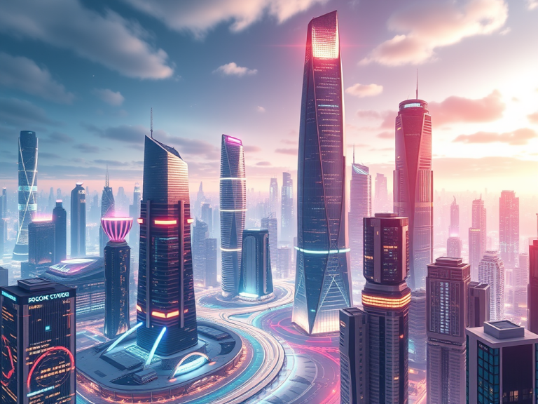 Futuristic city skyline with towering skyscrapers illuminated by vibrant neon lights emphasizing financial growth and prosperity.