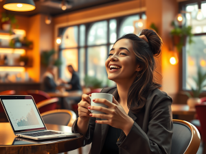 Optimized ALT text: Woman enjoying coffee at a café with a laptop displaying financial growth charts, promoting financial freedom through Sakkemoto’s investment strategies.