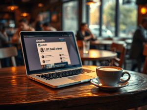 1. A laptop displaying LinkedIn with view counts, placed on a wooden table alongside a coffee cup in a cozy café setting, promoting financial freedom with Sakkemoto.