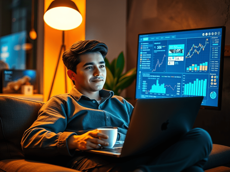 1. Young man analyzing financial data on large screen monitor with charts, graphs, and stock trends for financial freedom and investment success.