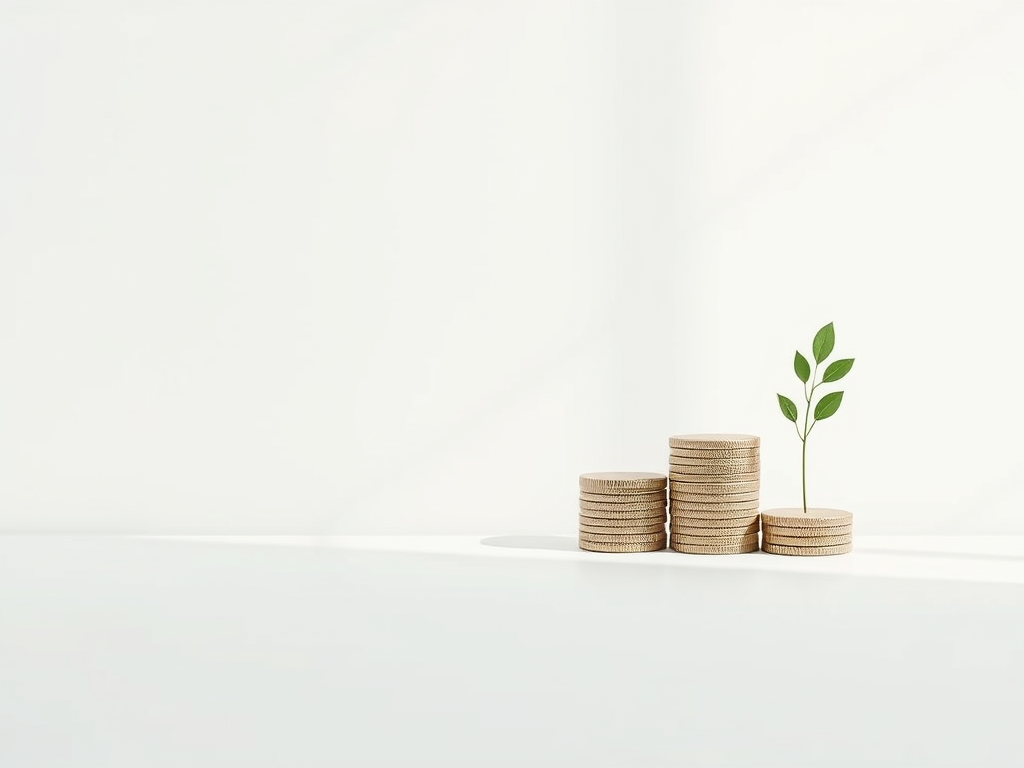Stacks of coins with a small green plant symbolizing financial growth and freedom, promoting wealth creation and financial independence through Sakkemoto.