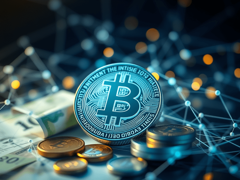 Digital bitcoin coin with cash and blockchain network visualization representing cryptocurrency investment for financial freedom.