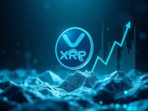 XRP cryptocurrency logo with upward growth arrow symbolizing financial freedom and investment success.