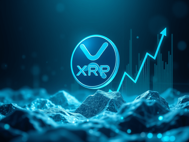 XRP cryptocurrency logo with upward growth arrow symbolizing financial freedom and investment success.