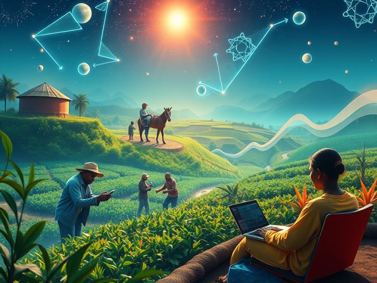 Innovative technology for financial freedom, with vibrant landscapes and digital growth symbols representing wealth building and prosperity.