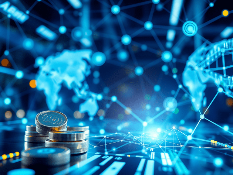 Digital cryptocurrency coins stacked with a global blockchain network background for financial freedom with Sakkemoto.