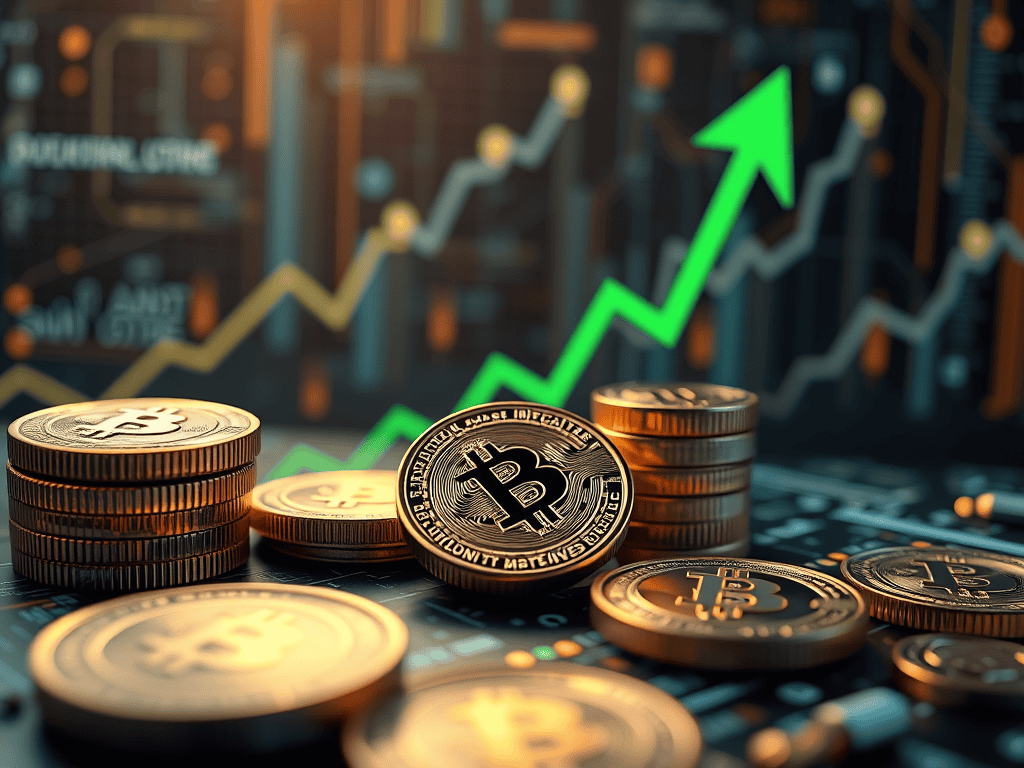 Cryptocurrency coins with Bali logo, financial growth graph, digital currency investing, Bitcoin trading, online money management, financial freedom, investment success, cryptocurrency market, digital assets, wealth building, blockchain technology.