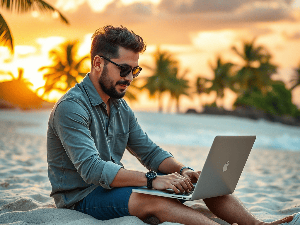 Flexible working lifestyle with a man using a laptop on the beach at sunset, promoting financial freedom opportunities through Sakkemoto.