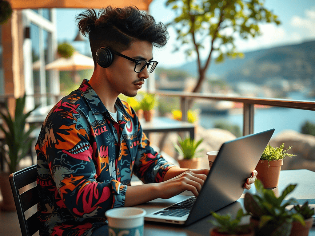 Remote work financial independence with sakemoto, young man using laptop on balcony, building personal finance skills, achieve financial freedom, online investing, entrepreneurial mindset, lifestyle design.