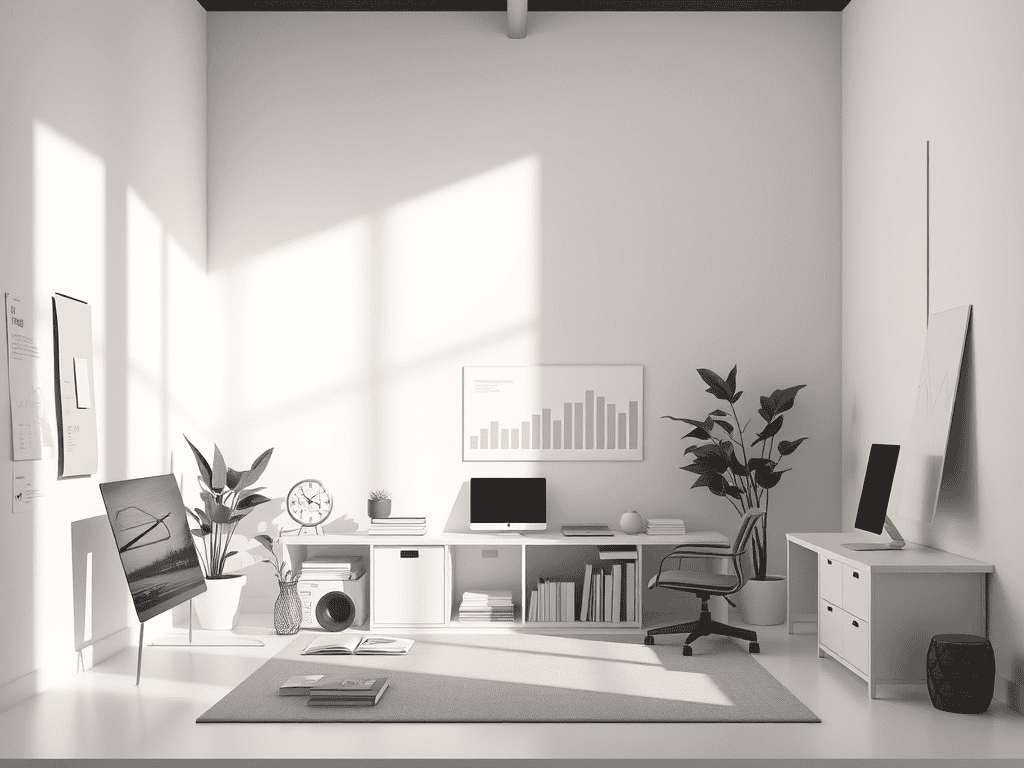 Modern home office with sunlight, plants, and organized workspace promoting financial freedom and productivity.