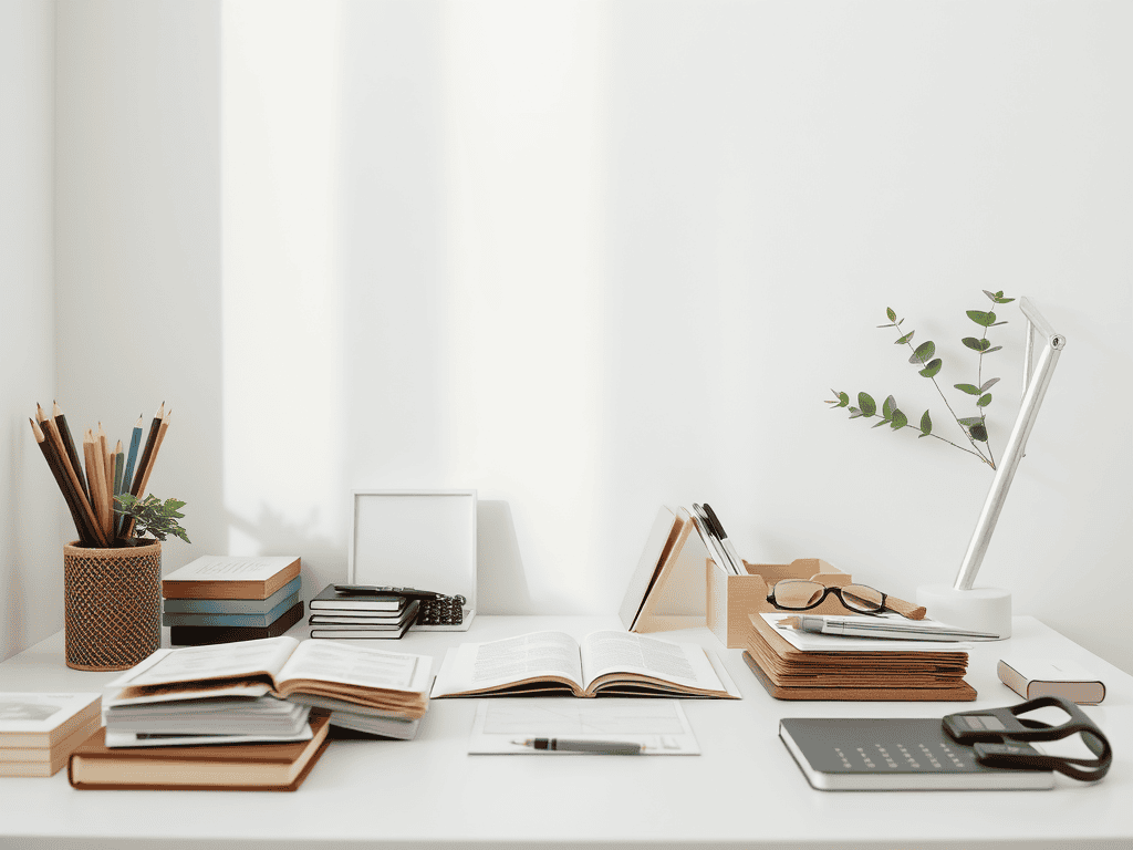 Modern workspace with books, desk accessories, and plants promoting financial freedom and personal growth through Sakkemoto.