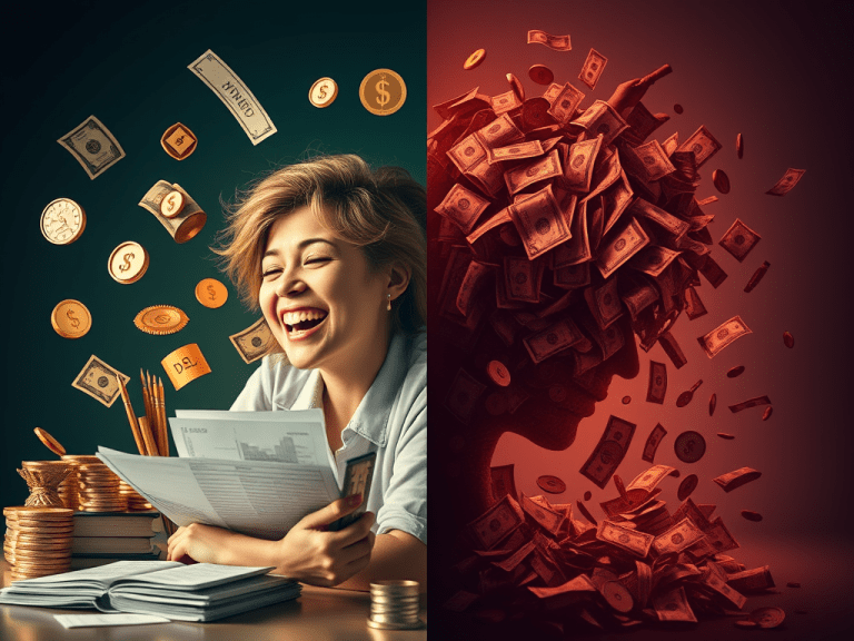 Earnings and financial freedom theme with a smiling woman surrounded by falling dollar bills and coins, illustrating wealth and prosperity.