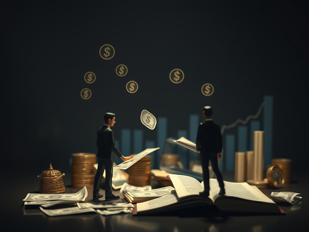 $ representing financial growth and wealth management with miniature figures analyzing charts and money to achieve financial freedom with Sakkemoto.