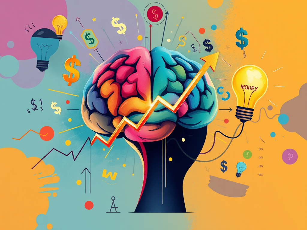Innovative brain with financial growth icons, light bulbs, and dollar signs representing wealth creation, financial freedom, and smart investing from Sakkemoto.