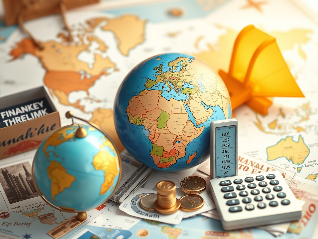 Globes, financial documents, coins, and calculator representing global financial freedom and wealth management.
