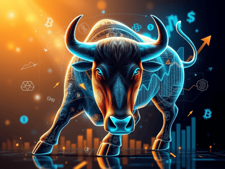 Digital bull hologram representing financial growth and cryptocurrency investment.