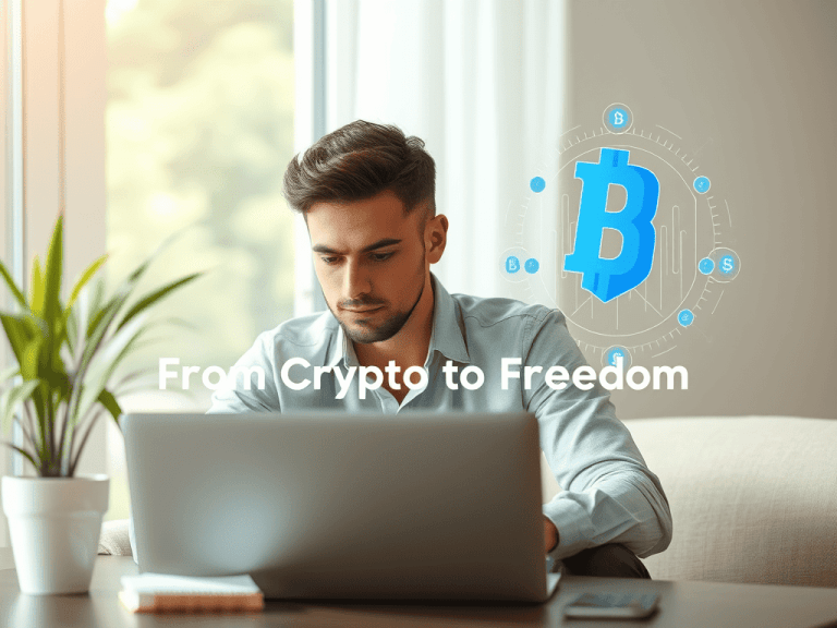 1. Young man working on laptop with digital Bitcoin symbol and blockchain graphics, representing crypto financial freedom at Sakkemoto.