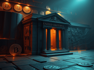 Bitcoin coins and digital currency representations in front of a classical bank facade labeled "United Ersterve," emphasizing financial independence, cryptocurrency investments, and wealth building.