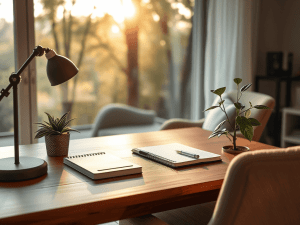 A serene workspace with natural sunlight, indoor plants, and organized notebooks, promoting productivity and financial freedom.