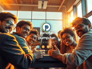 Diverse group of happy young professionals collaborating on a laptop in a modern office emphasizing financial freedom with Sakkemoto.