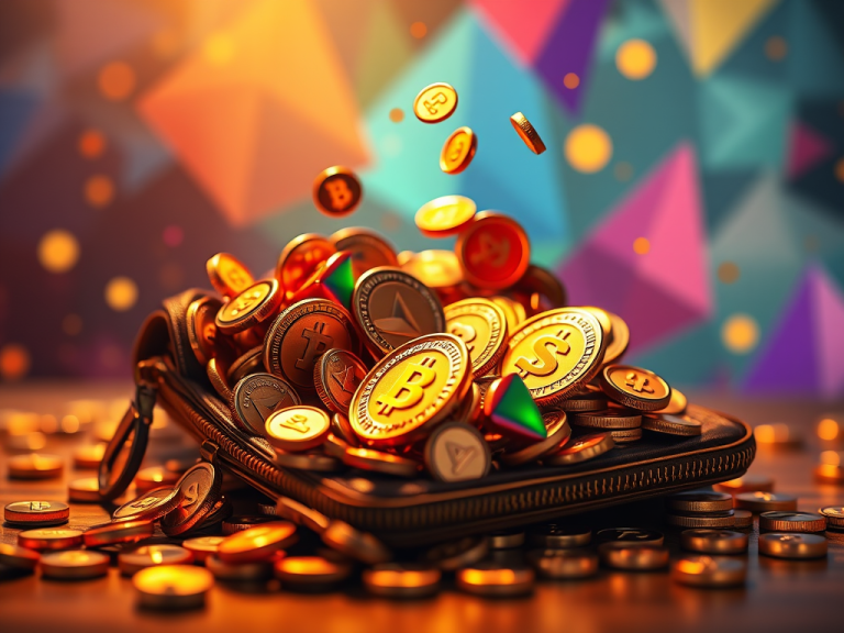 Digital cryptocurrencies spilling from a wallet, symbolizing financial freedom and wealth growth with Bitcoin, Ethereum, and other crypto assets.